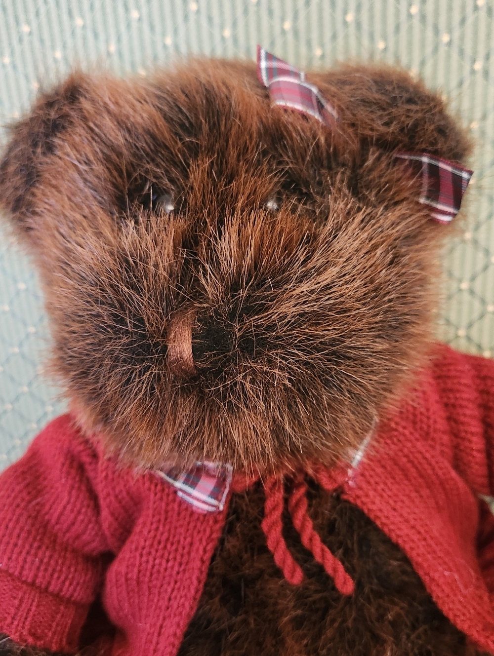 Vinttage Commonwealth Dark Brown Shaggy Plush Teddy in Brown with Red Sweater